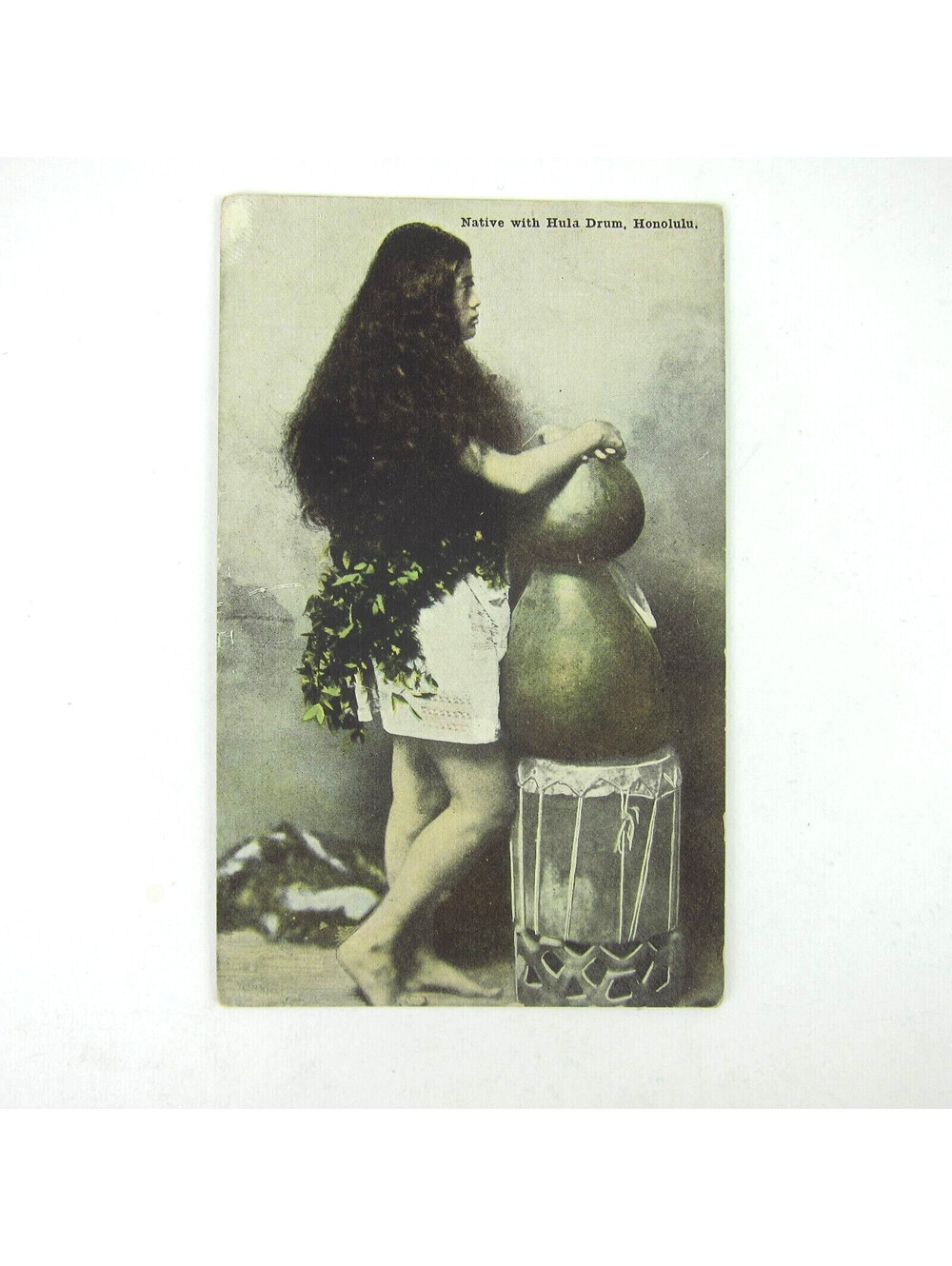 Postcard Honolulu Hawaii Native Girl Long Hair & Hula Drum Antique Unposted